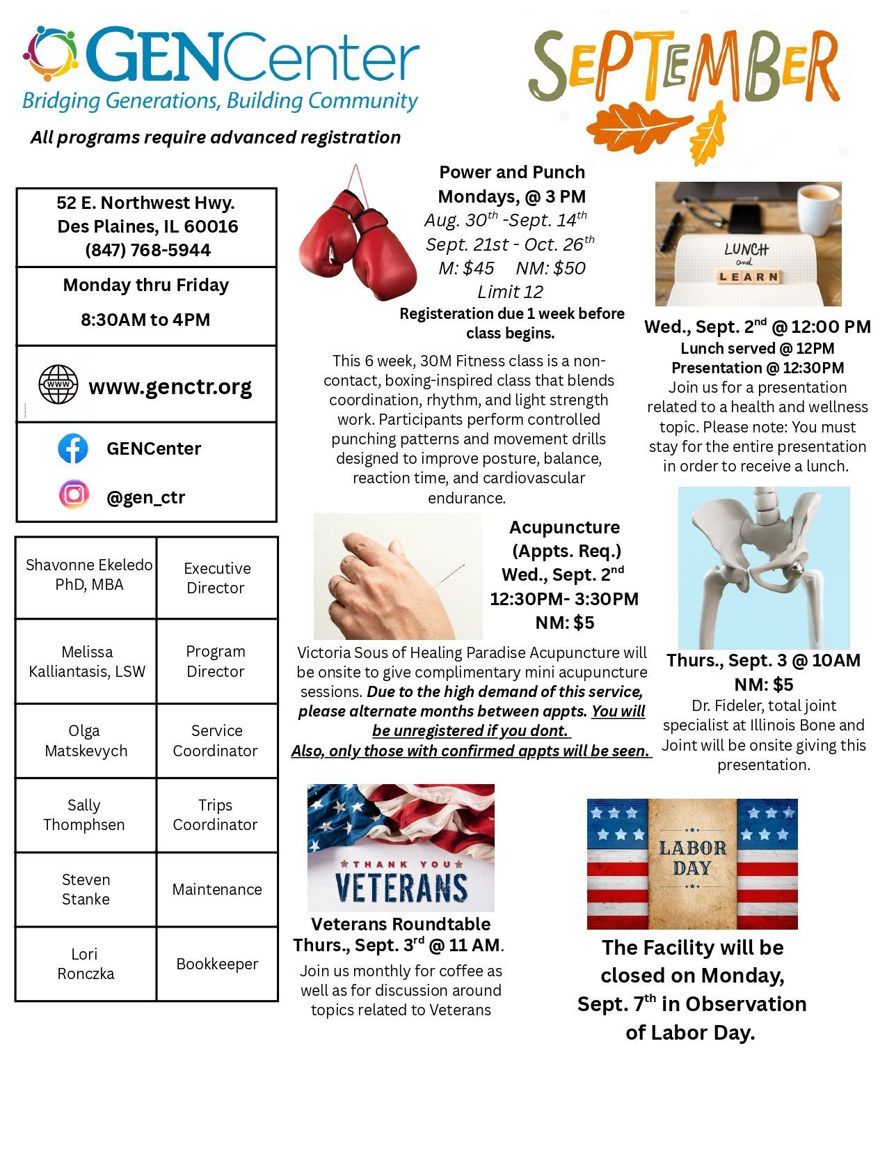 September GEN Center community events flyer with service icons, dates, and Labor Day closure notice