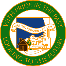 Seal of Wheeling Township: green and gold ring with text, buildings, and a map.