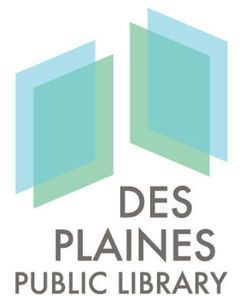 Des Plaines Public Library logo: stylized books in blue and green, with text below.