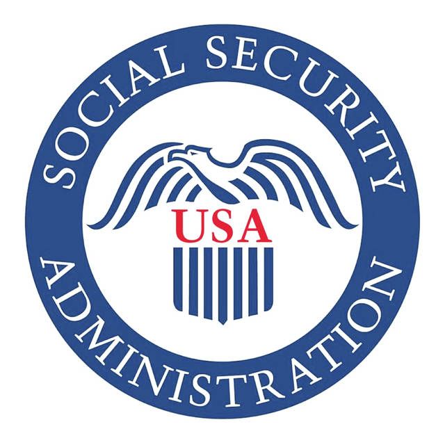 Social Security Administration logo: Blue circle with white text, eagle emblem, and red