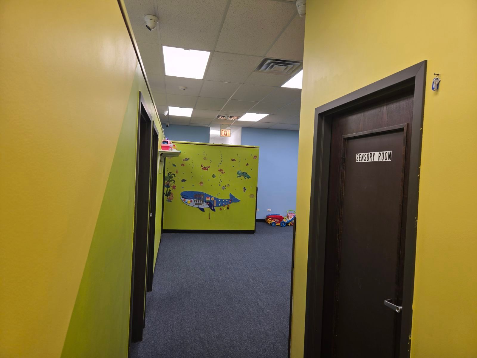 Yellow hallway with blue carpet, ceiling lights, and a door labeled 