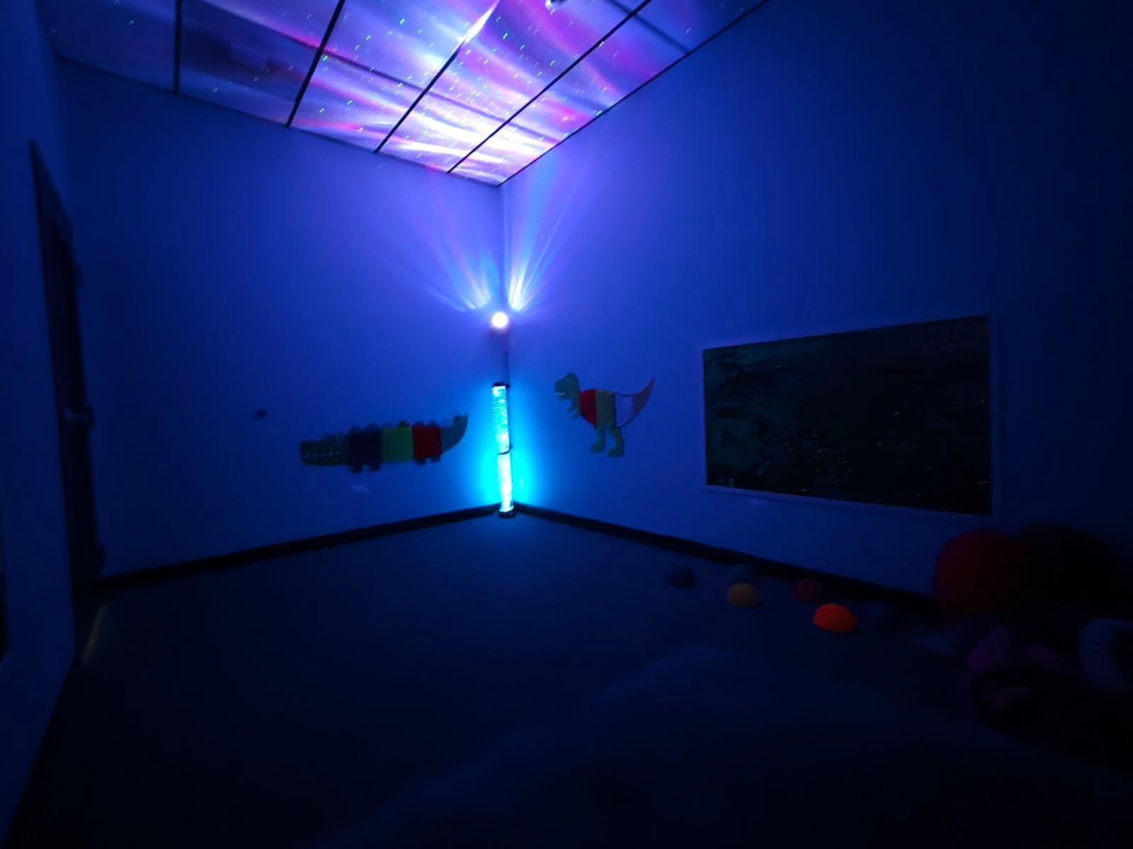 Dim blue-lit room with wall art, a ceiling light, and a dark floor