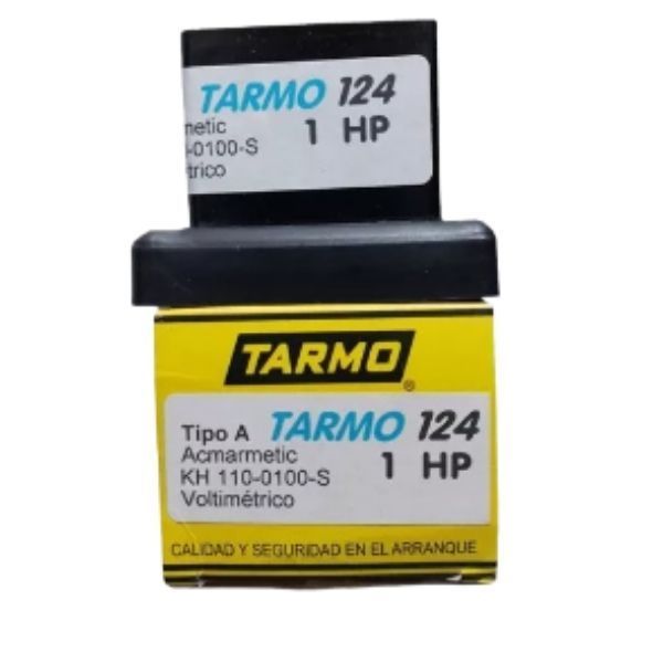 Caja de componentes eléctricos Tarmo 124 de 1 HP, amarilla y negra, sobre fondo blanco.