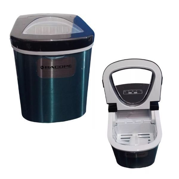Dispensador compacto de color verde azulado y negro con tapa, que se muestra cerrado y abierto para revelar el interior.