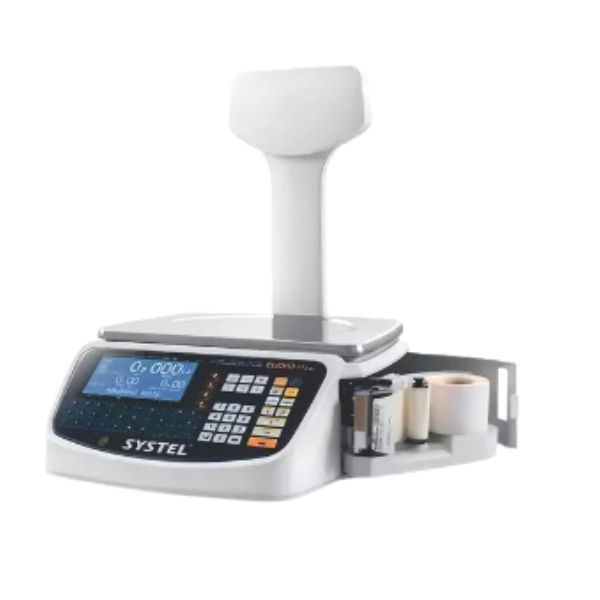Balanza digital para comercios con escáner incorporado y rollos de etiquetas en el lateral.