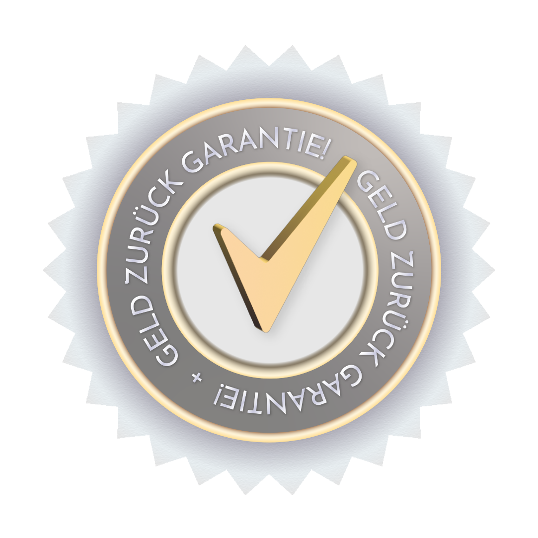 A gold tick inside a circle that says geld zurück garantie