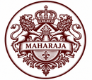 Colorful Flavors of India logo with Taj Mahal, spices, and ornate floral border on black background
