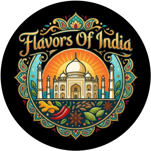 Colorful Flavors of India logo with Taj Mahal, spices, and ornate floral border on black background