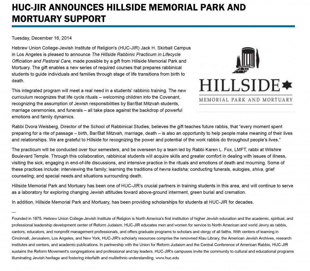 The hillside memorial park and mortuary support is being announced.