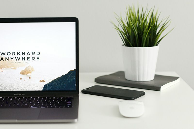 A laptop computer is sitting on a desk next to a potted plant.