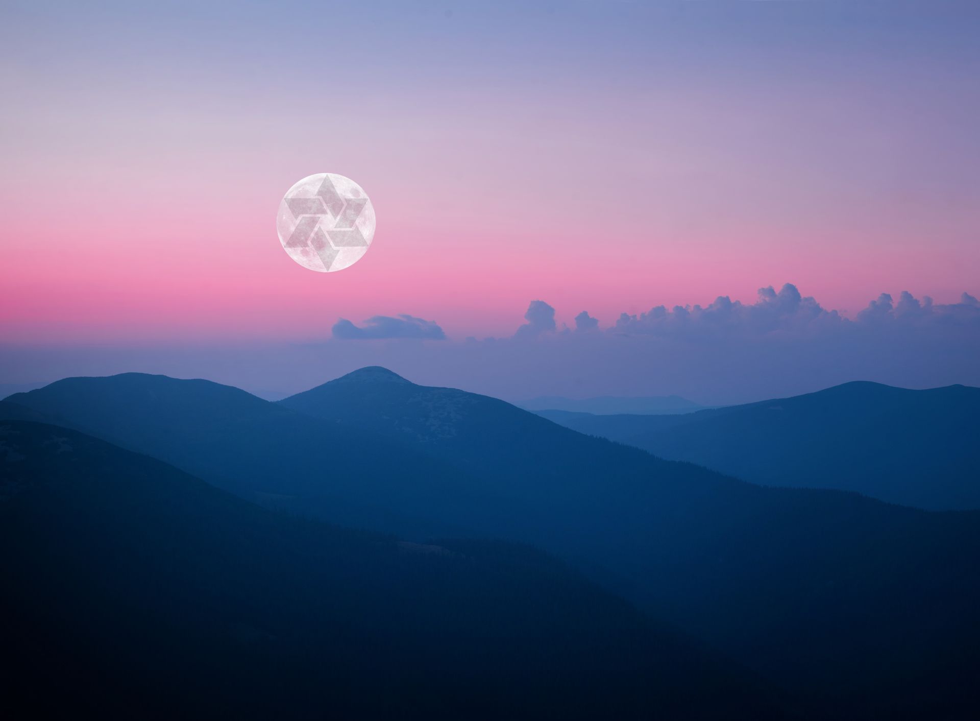 Mountains silhouetted under a dusky pink and blue sky with a full moon in a star-like shape.