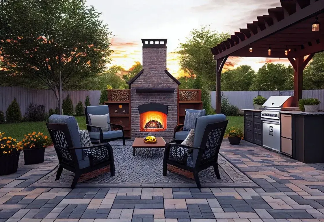 Backyard patio with brick fireplace, two chairs, and a covered grill area at sunset