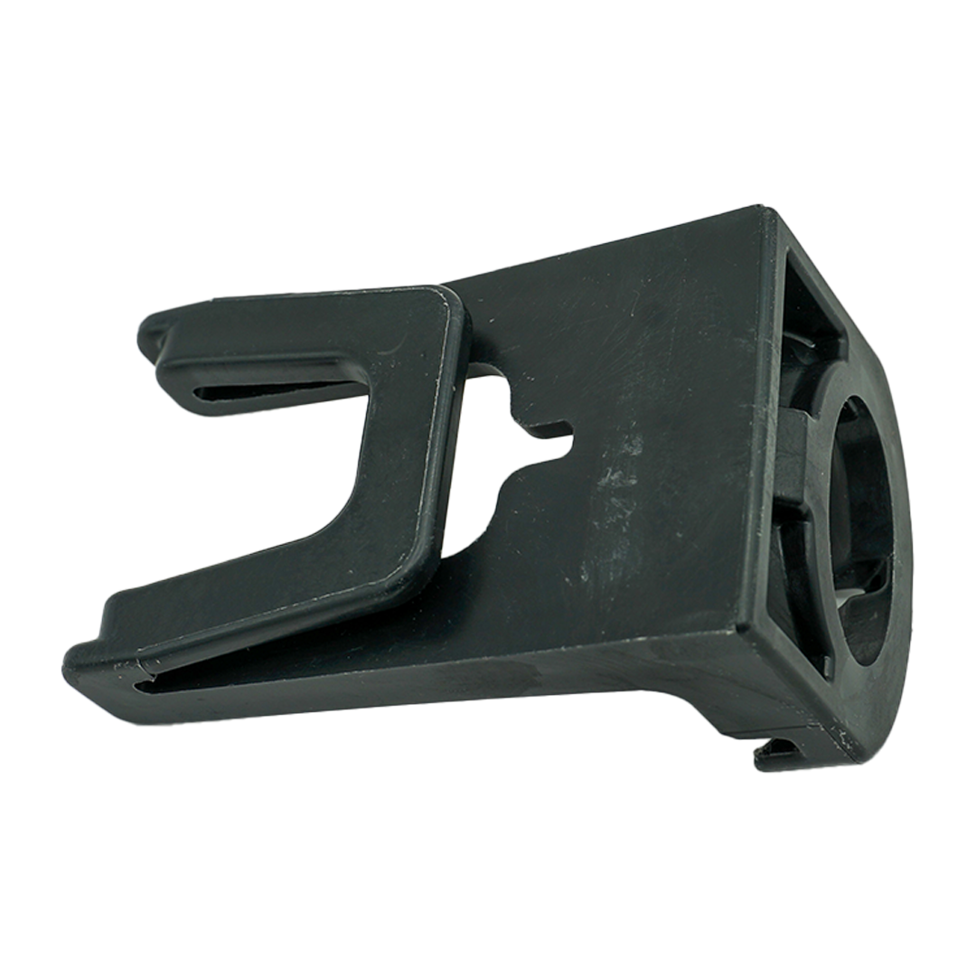 A black plastic bracket with a hole in the middle on a white background.