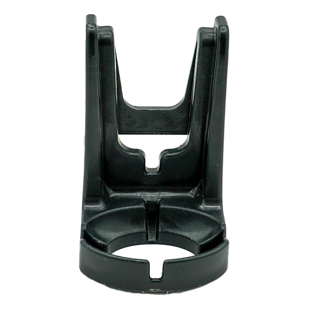 A black plastic holder with a hole in the middle on a white background.