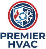 A logo featuring a shield with fire, water, and snowflake icons inside a red circle, above the words "PREMIER HVAC".