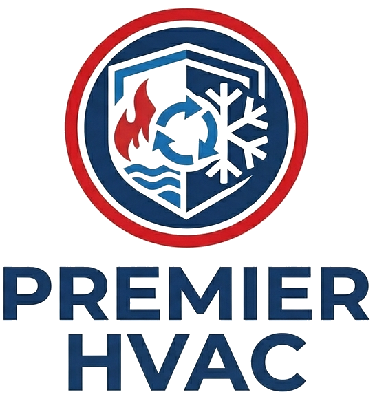 A logo featuring a shield with fire, water, and snowflake icons inside a red circle, above the words "PREMIER HVAC".