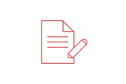 Red outline of a document with lines of text and a pencil, signifying editing or writing.