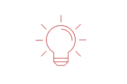 Red outline of a lightbulb with rays, indicating an idea or solution.