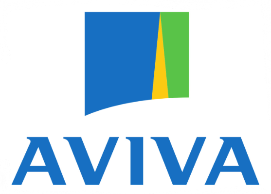 Aviva logo: Blue square with yellow and green accents above the word 
