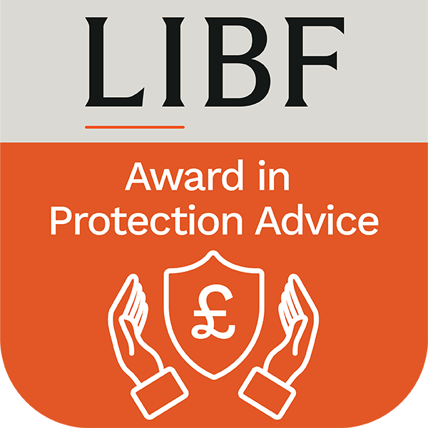 LIBF Award in Protection Advice badge. Orange and gray design with shield, hands, and the pound symbol.