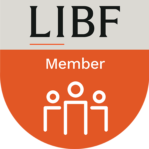LIBF Member badge with stylized people icon. Orange and gray colors.