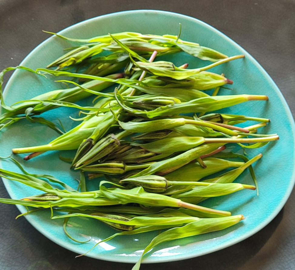 Groene zaadpeulen opgestapeld op een blauw bord.