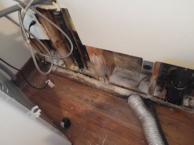 A hose is coming out of a hole in the wall.