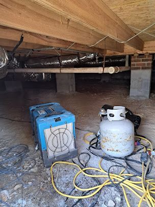 A propane tank is sitting under a wooden ceiling in a basement.