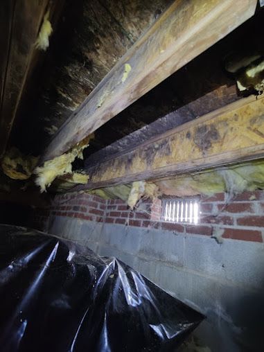 A crawl space with a brick wall and wooden beams.