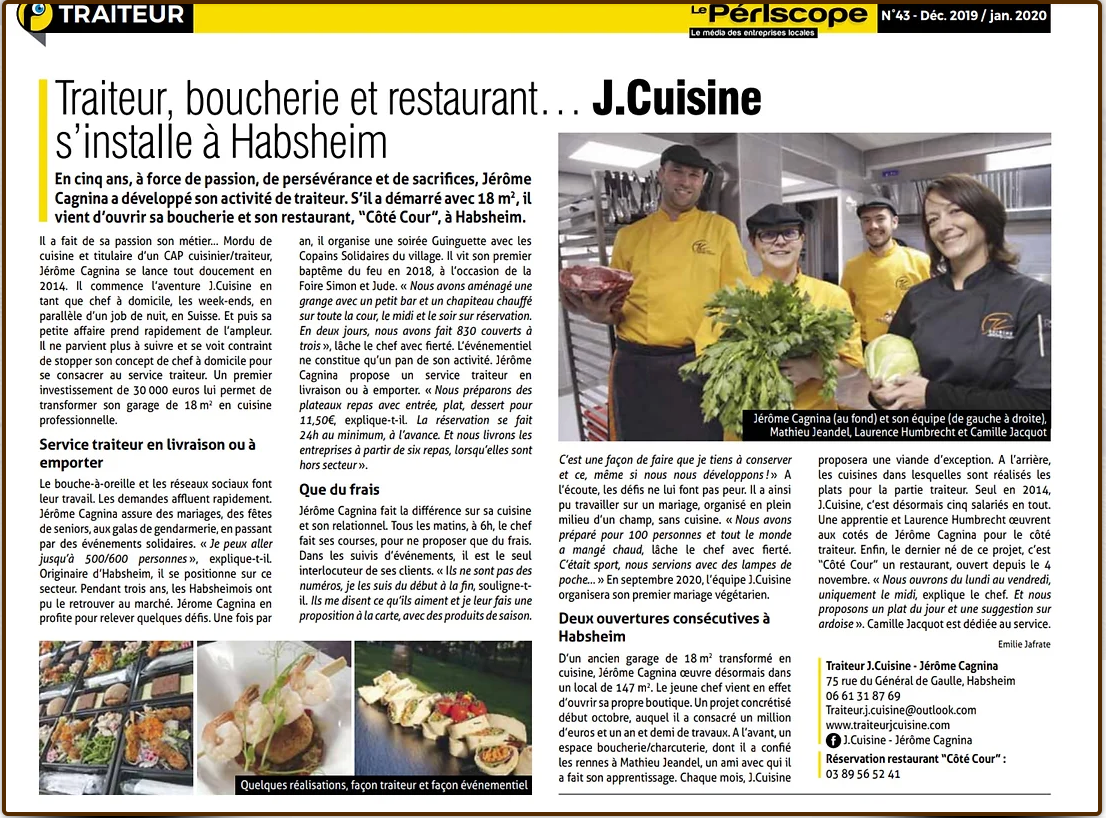 A newspaper article titled traiteur boucherie et restaurant