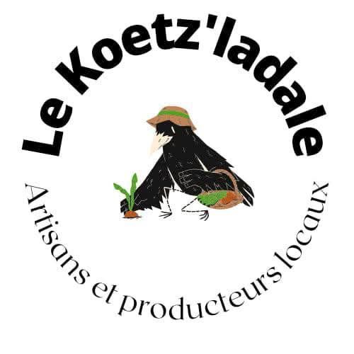 Un logo pour une entreprise appelée le koetz 'ladale avec un oiseau dans un chapeau tenant une plante.