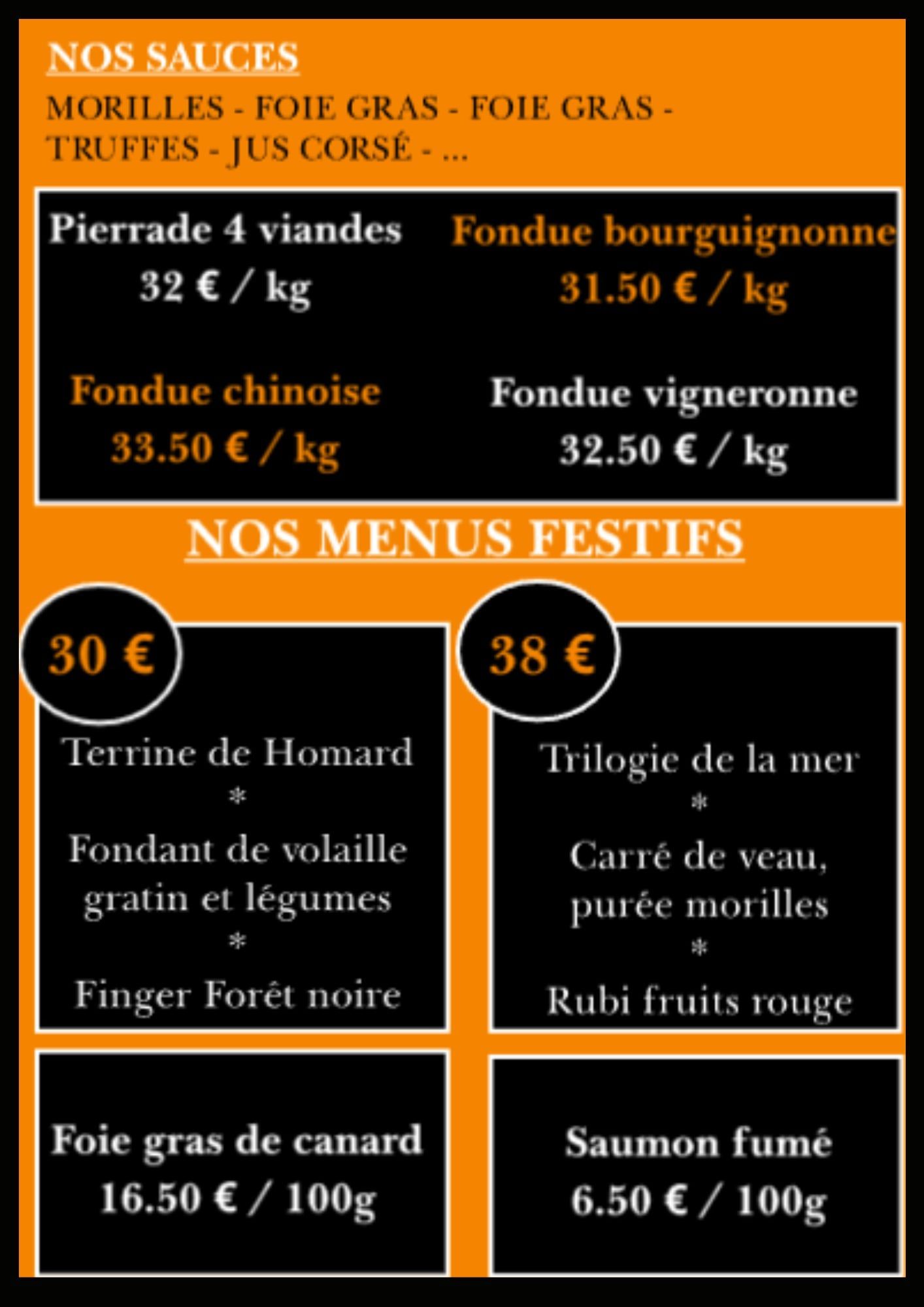 Carte des sauces, fondues et menus de fête avec prix en euros.