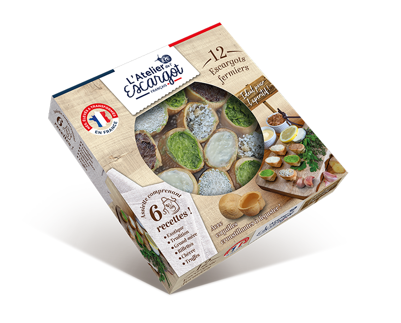 Boite de 12 escargots farcis au beurre d'ail avec croquilles croustillantes à dégusterde l'atelier de l'escargot français