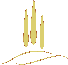 Logo astratto dorato con tre forme verticali sopra due linee curve