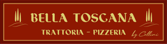 Insegna Bella Toscana Trattoria-Pizzeria su sfondo rosso con scritte bianche e dorate