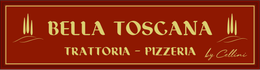 Insegna Bella Toscana Trattoria-Pizzeria su sfondo rosso con scritte bianche e dorate