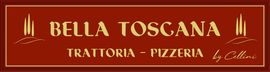 Tempio di Mecenate Ristorante Pizzeria Insegna Bella Toscana Trattoria-Pizzeria su sfondo rosso con scritte bianche e dorate