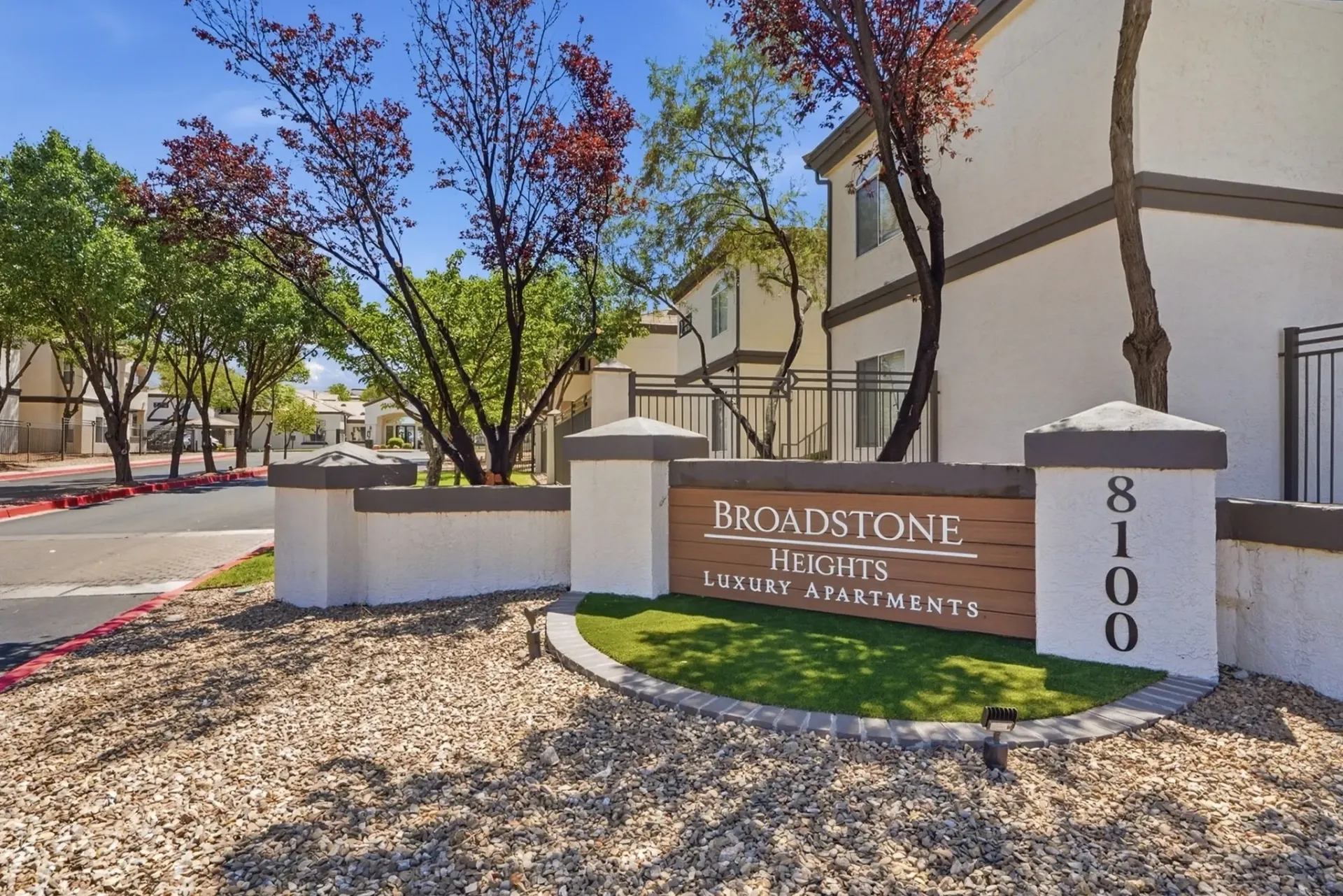 Broadstone Heights Luxury Apartments monument sign with address.