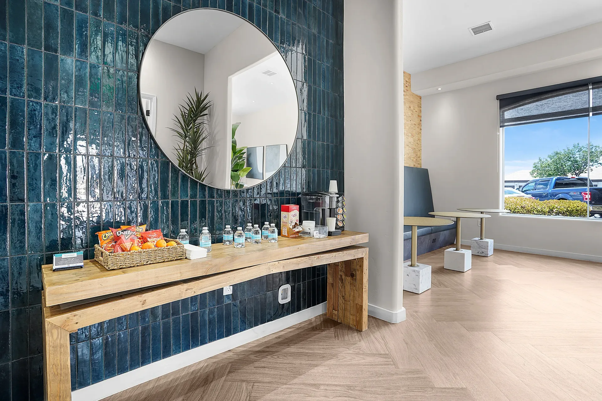 Lobby with coffee station and seating area at Broadstone Heights, offering apartments in Albuquerque, NM.