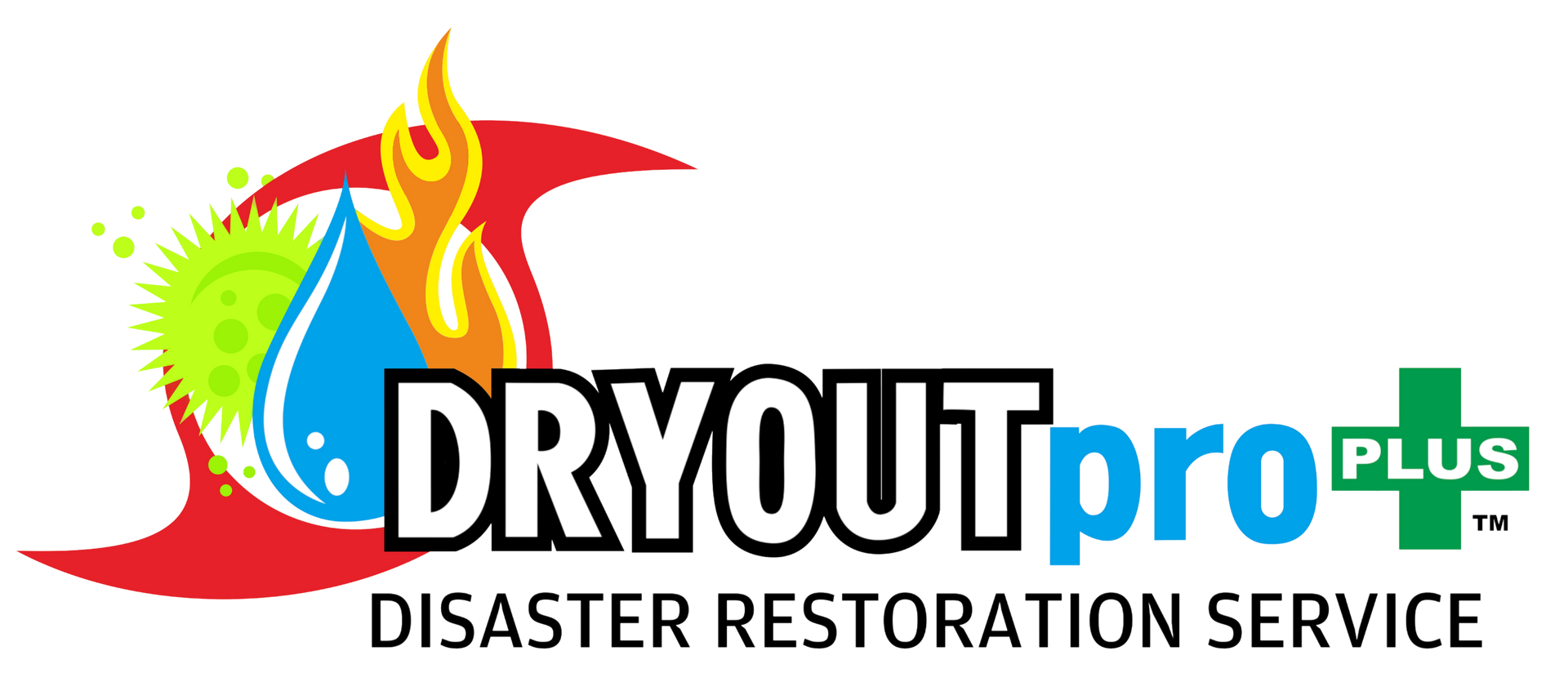 Faster to Your Disaster | Since 1994 DRYOUTpro PLUS disaster restoration service logo with flame, water drop, and green accent colors
