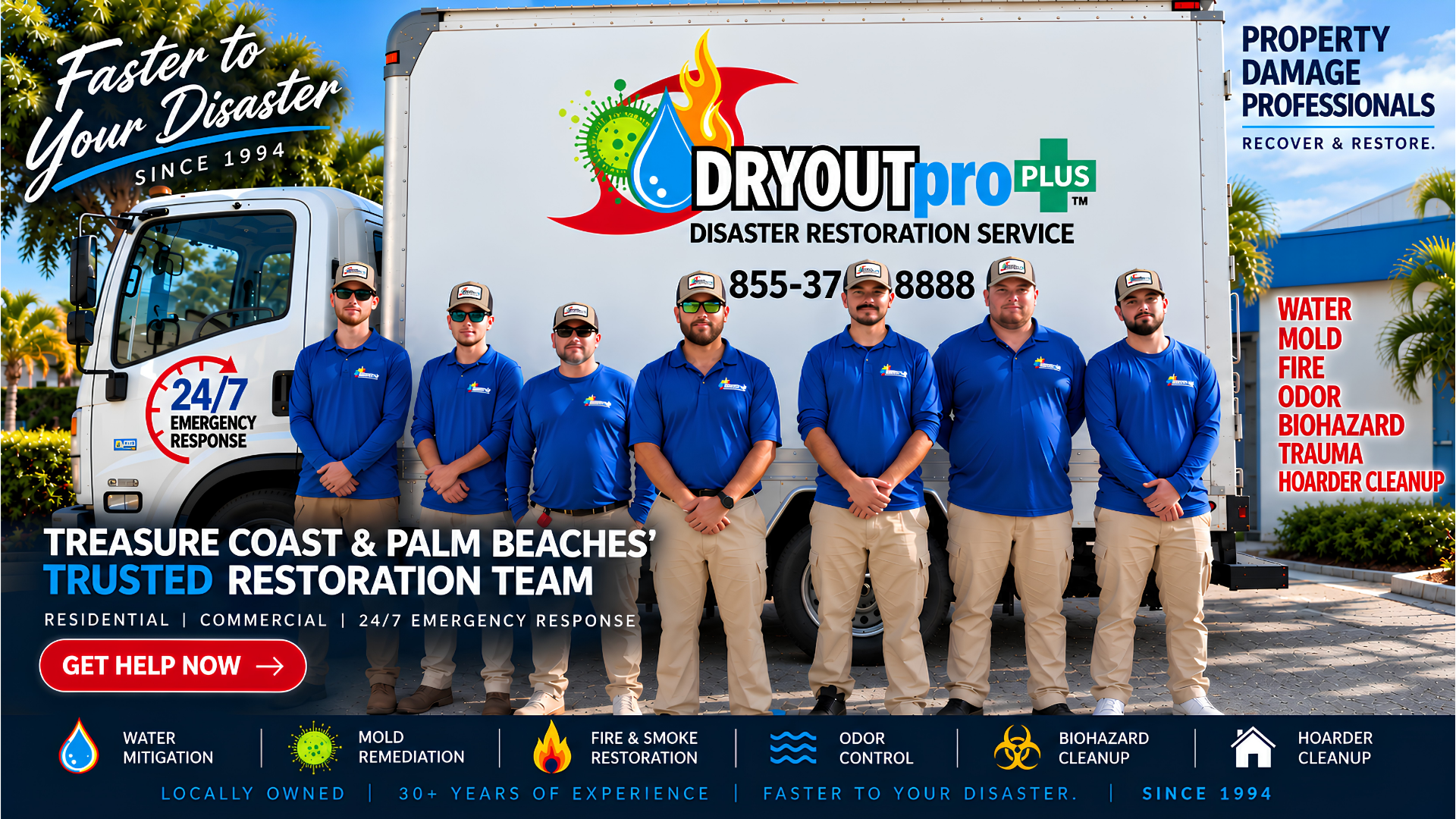 DRYOUTpro PLUS disaster restoration team in blue uniforms beside a white service truck and palm trees.
