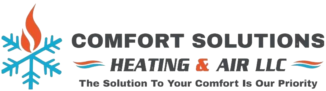 Comfort Solutions Heating & Air LLC logo with orange flame and blue snowflake, tagline: “Your Solution To Your Comfort Is Our Priority”