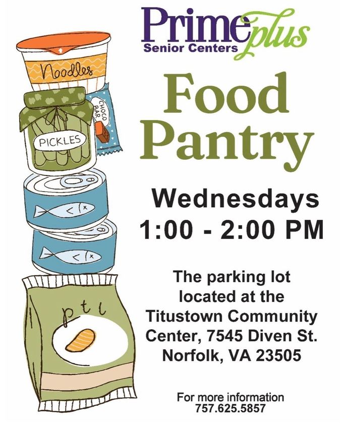 Food pantry at Titustown Community Center, Norfolk, VA. Wednesdays, 1-2 PM.  Stacked food items illustration.