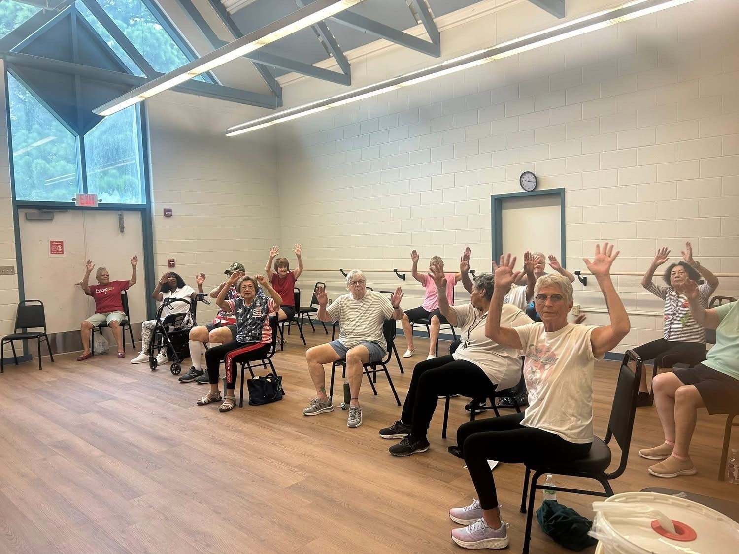  Group seated, raising arms in exercise class, at Primeplus