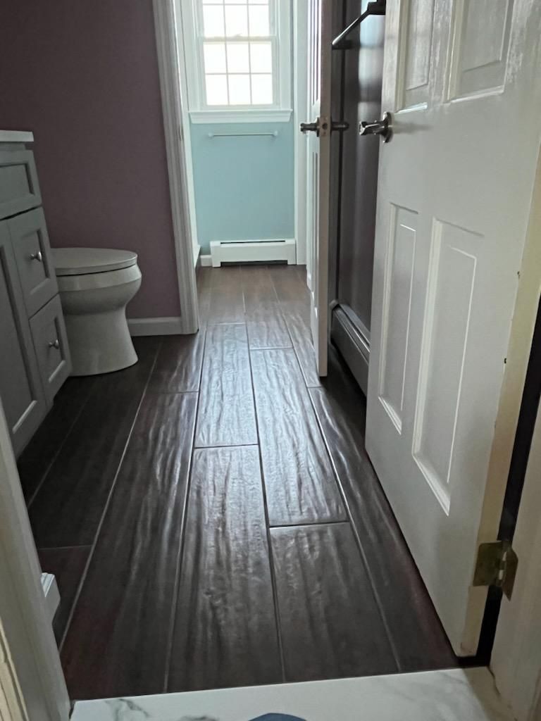 Bathroom with wood-look tile flooring, gray vanity, white toilet, and pink and light blue walls.
