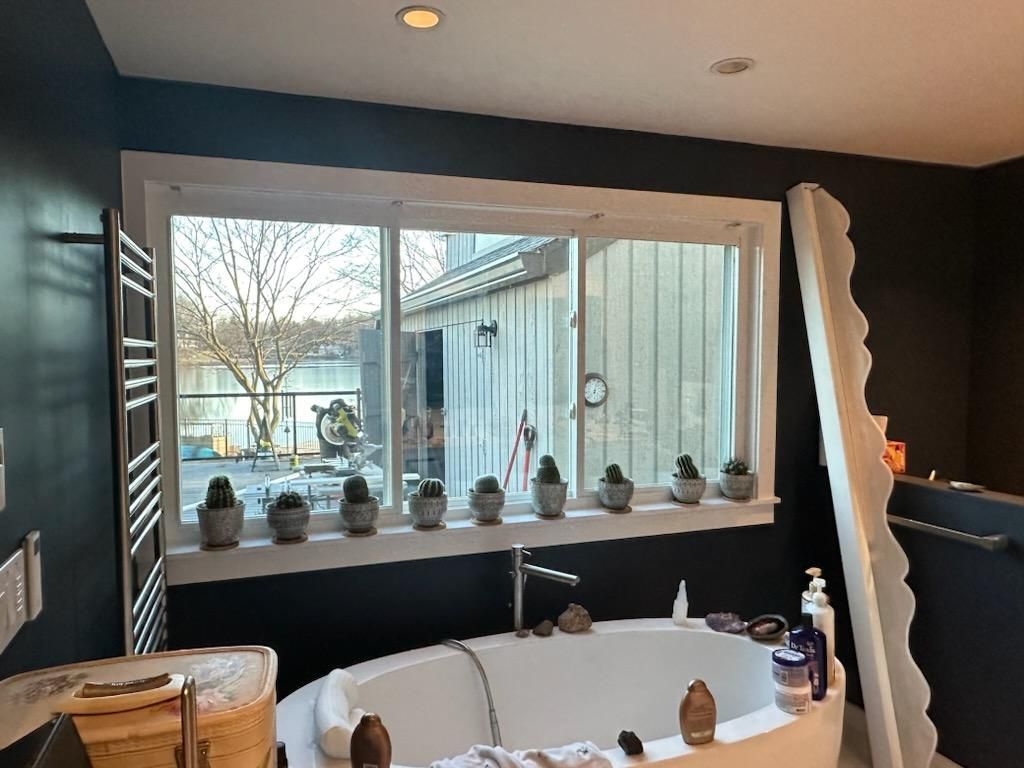 Bathroom with a window ledge displaying potted cacti, overlooking a lakeside view.