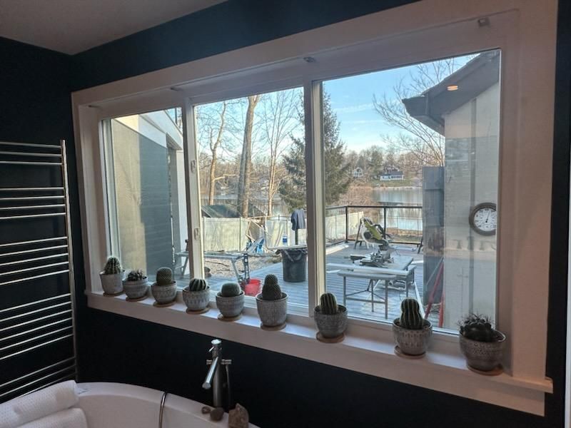 Bathroom with a window overlooking a backyard, cacti on the windowsill, and a towel warmer.