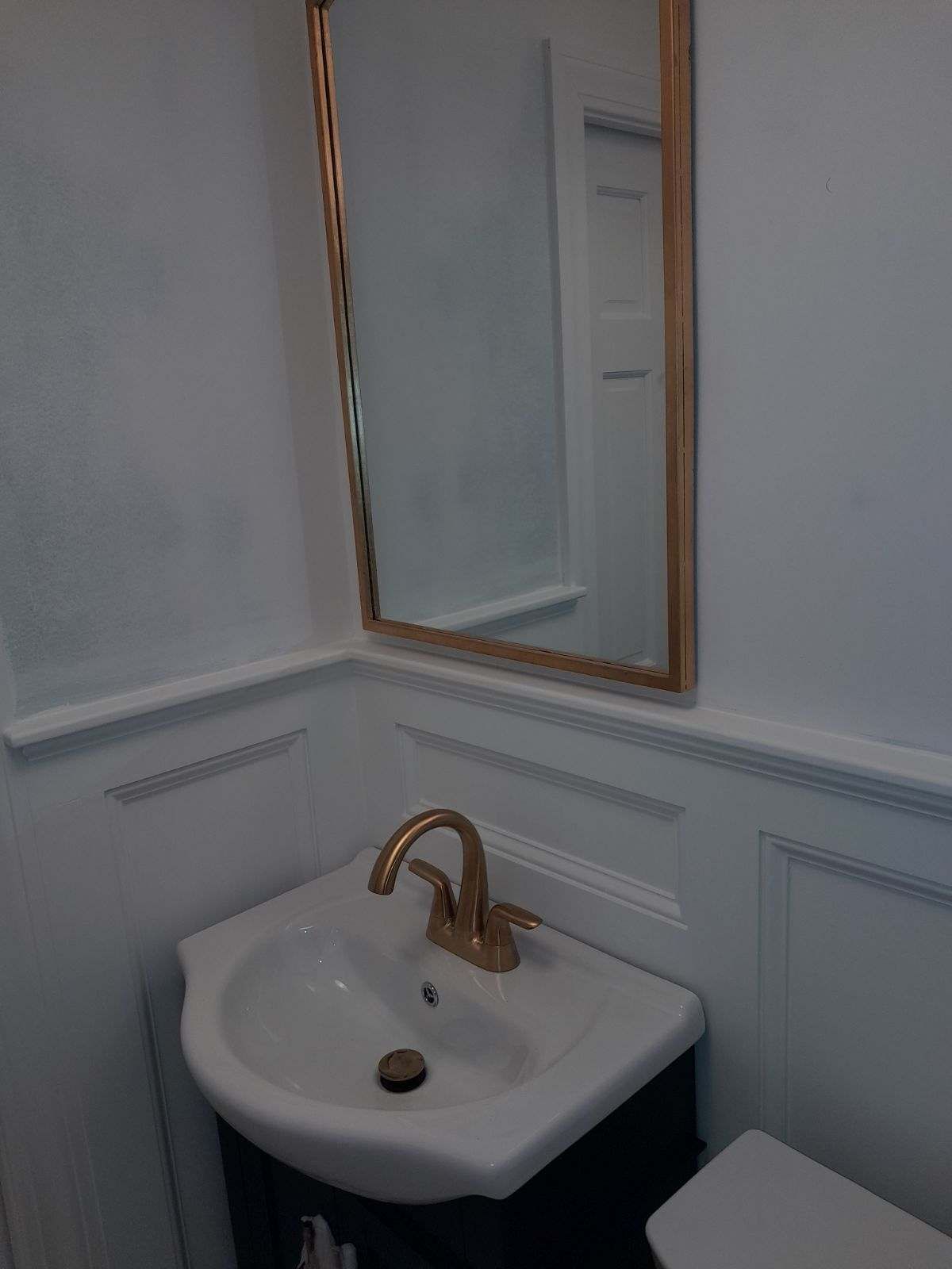 A small bathroom with a sink, mirror, and toilet. White wainscoting and gold-toned faucet.