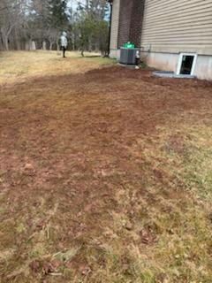 Brown lawn with dry grass and fallen leaves, beside a building with an air conditioning unit.