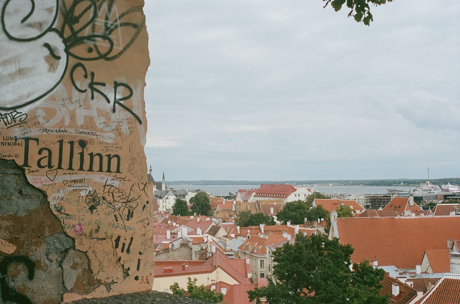 View over Tallinn rooftops and harbor, with graffiti-covered wall in the foreground